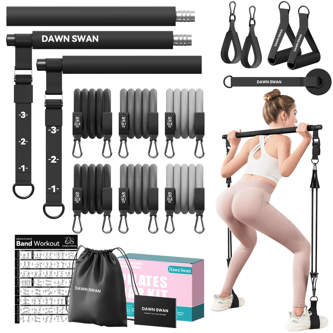 Pilates Bar Kit with Resistance Bands–Adjustable Home Gym Workout–Portable Pilates Equipment for Squats,Yoga&Full Body Toning