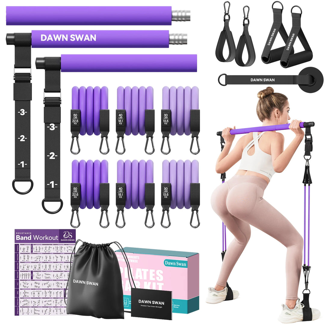 Pilates Bar Kit with Resistance Bands–Adjustable Home Gym Workout–Portable Pilates Equipment for Squats,Yoga&Full Body Toning
