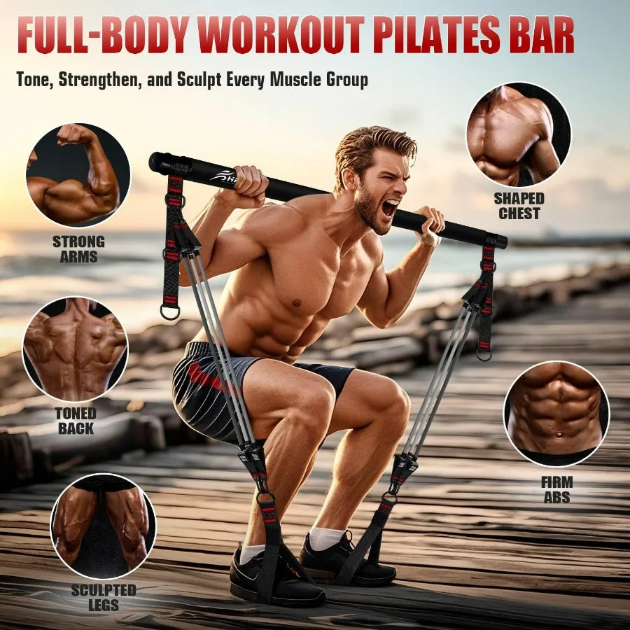 Pilates Bar Kit with Resistance Bands, Heavy Duty Multifunctional Pilates Workout Equipment for Strength Training, HIPS, Back, A