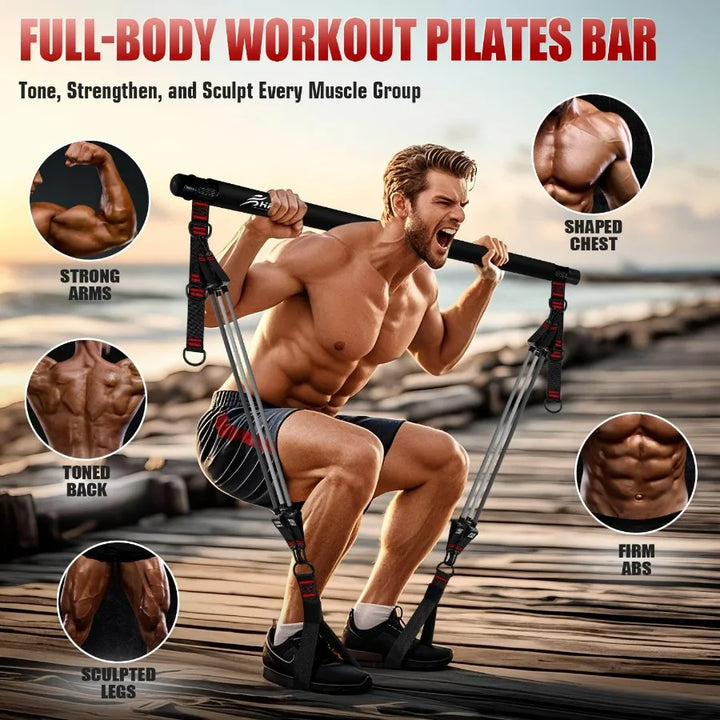 Pilates Bar Kit with Resistance Bands, Heavy Duty Multifunctional Pilates Workout Equipment for Strength Training, HIPS, Back, A