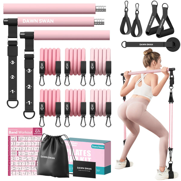 Pilates Bar Kit with Resistance Bands–Adjustable Home Gym Workout–Portable Pilates Equipment for Squats,Yoga&Full Body Toning