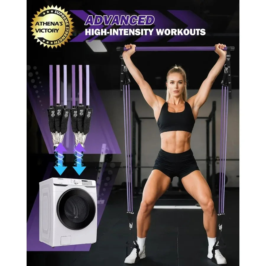 Upgraded Pilates Bar Kit with Resistance Bands Natural Latex for Women & Men, Heavy-Duty Stainless Steel Multifunctional Yoga Pi