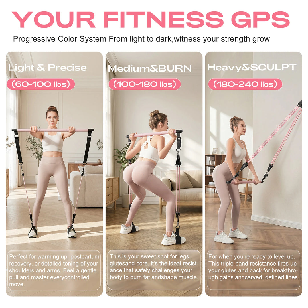Pilates Bar Kit with Resistance Bands–Adjustable Home Gym Workout–Portable Pilates Equipment for Squats,Yoga&Full Body Toning
