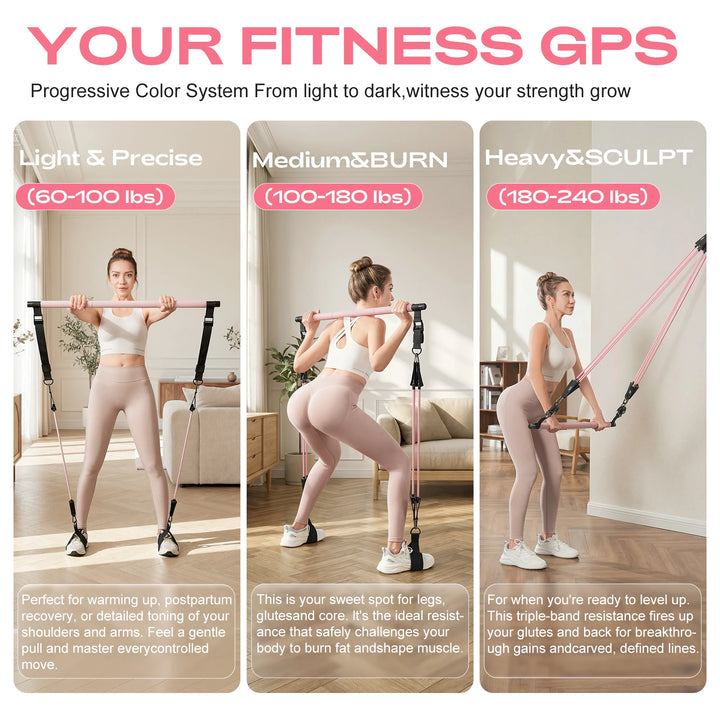 Pilates Bar Kit with Resistance Bands–Adjustable Home Gym Workout–Portable Pilates Equipment for Squats,Yoga&Full Body Toning