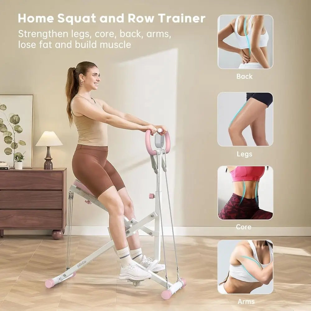 2-in-1 Foldable Squat & Rowing Machine, Home Trainer with 3 Resistance Bands, 400lbs Capacity for Leg, Glutes and Core Workout