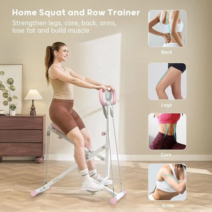 2-in-1 Foldable Squat & Rowing Machine, Home Trainer with 3 Resistance Bands, 400lbs Capacity for Leg, Glutes and Core Workout