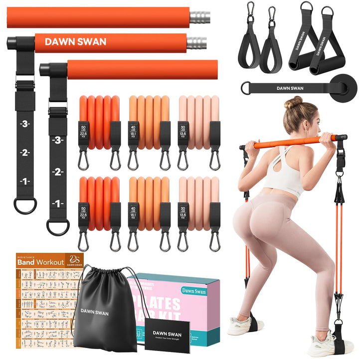 Pilates Bar Kit with Resistance Bands–Adjustable Home Gym Workout–Portable Pilates Equipment for Squats,Yoga&Full Body Toning